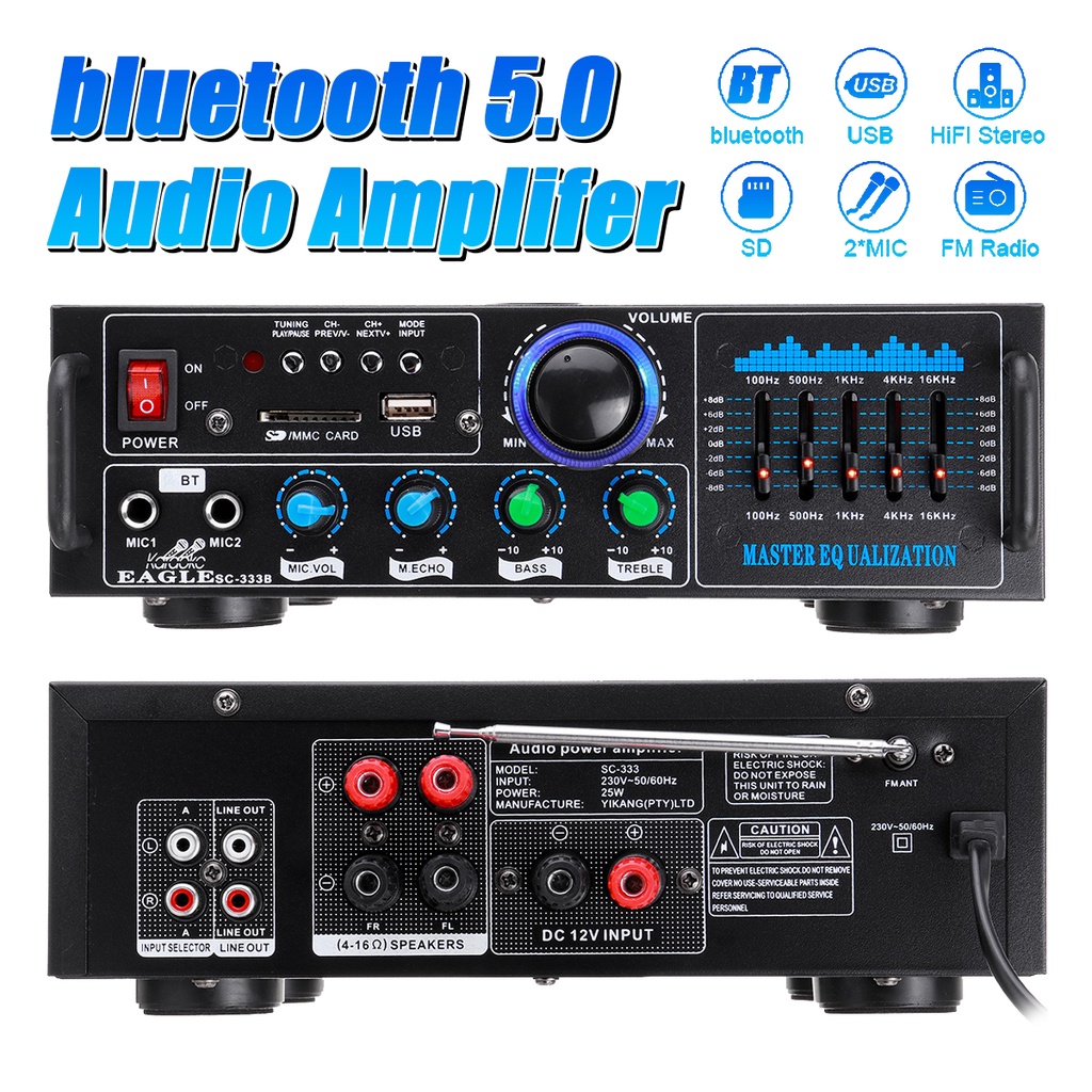 Bộ Khuếch Đại Âm Thanh Nổi 2000W 2 Mic bluetooth FM AUX USB SD AMP Cinema Karaoke Điều Khiển Từ Xa