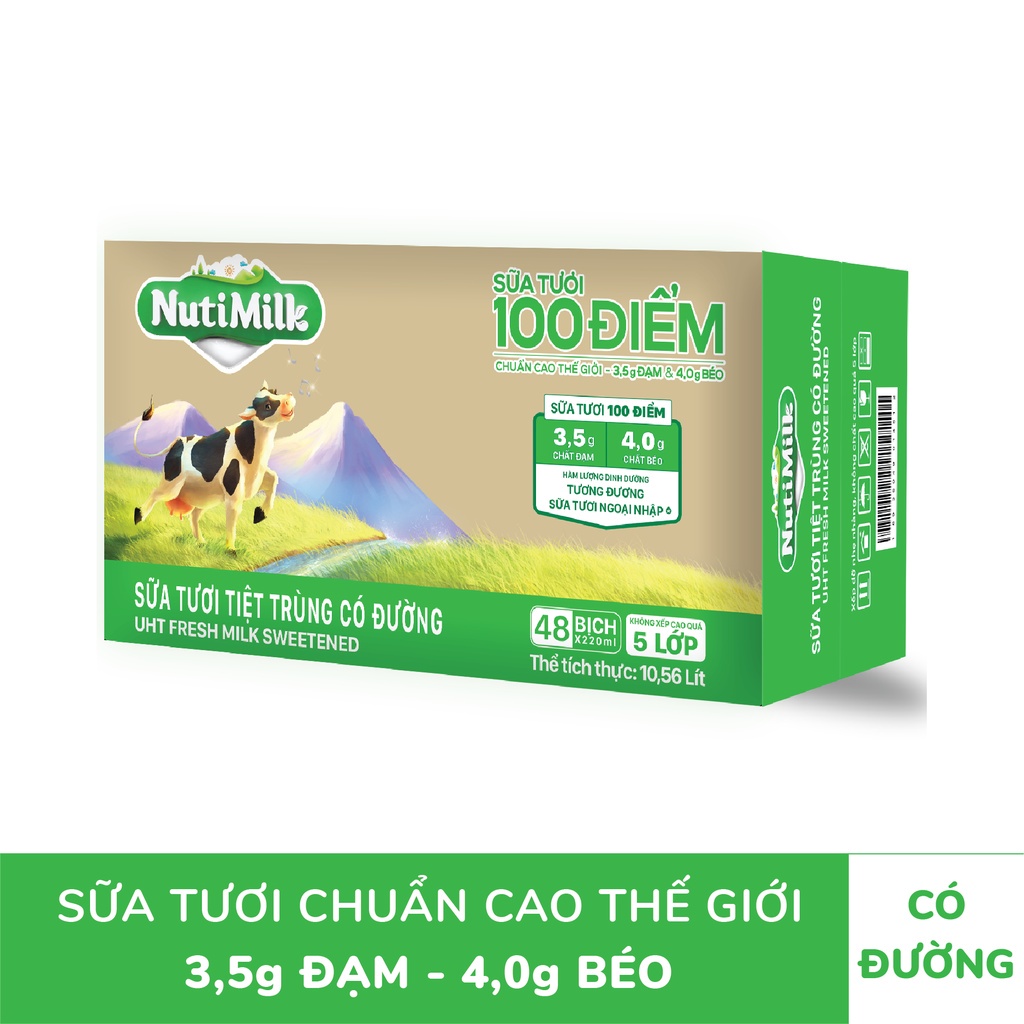 01 Thùng 48 Bịch NutiMilk Sữa tươi 100 điểm Ít Đường/ Có Đường 220ml - NUTIFOOD - YOOSOO MALL