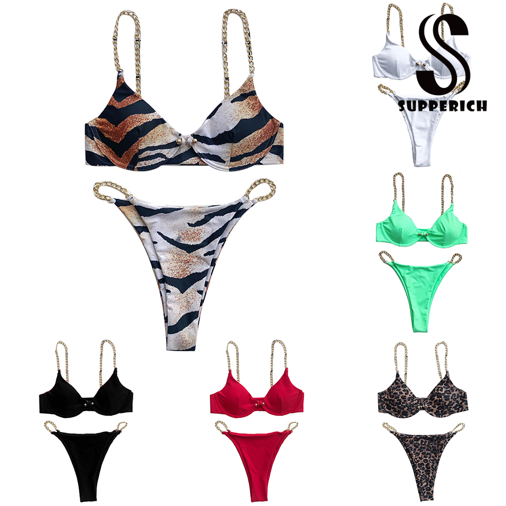 Bộ Đồ Bơi Bikini Hai Mảnh Màu Sắc Trơn Có Đệm Mút Ngực Phối Dây Xích Phía Trước Gợi Cảm Cho Nữ | BigBuy360 - bigbuy360.vn