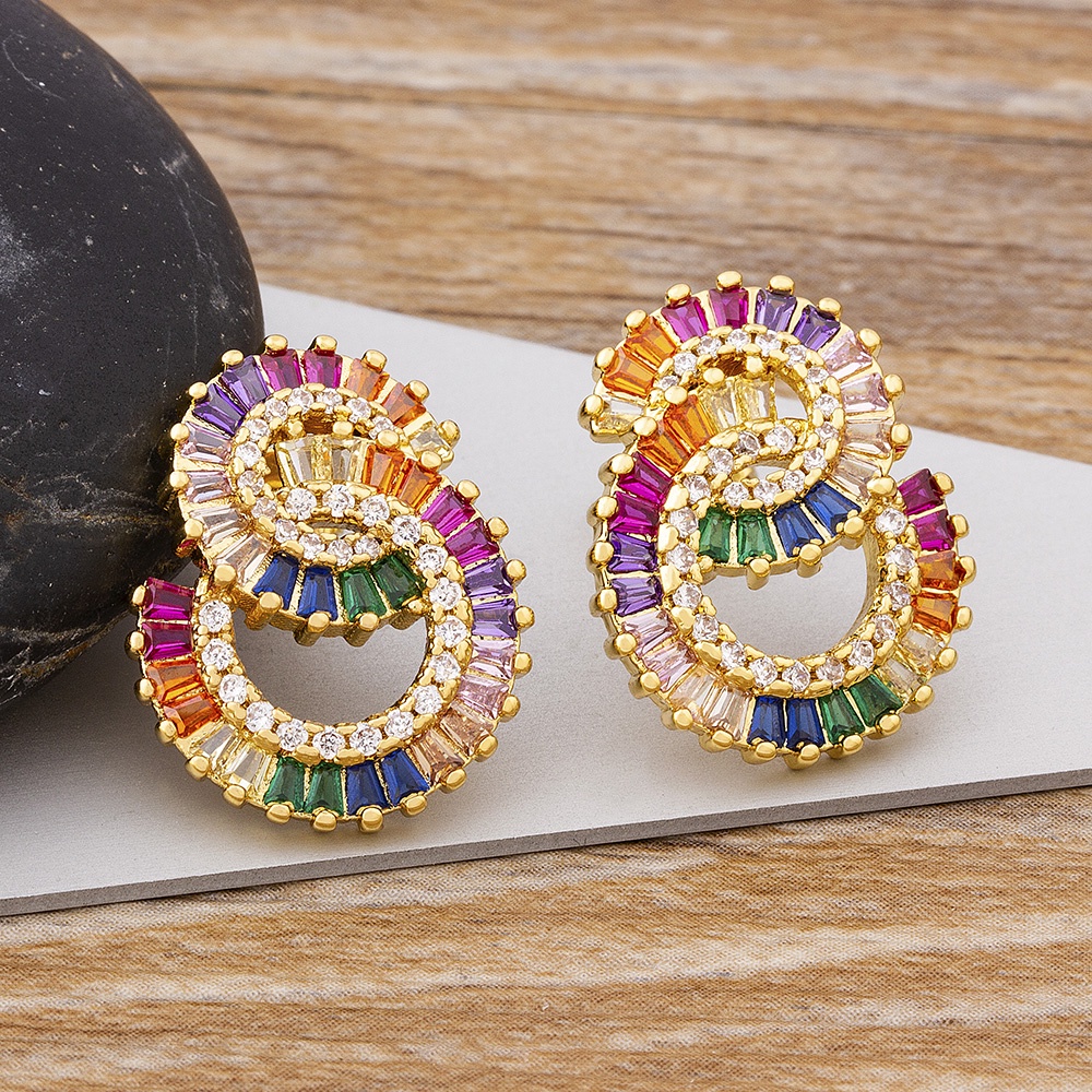 Khuyên Tai Vòng Tròn Đôi Bằng Đồng Zircon Cầu Vồng Thiết Kế Hình Học Thời Trang Boho Cho Nữ