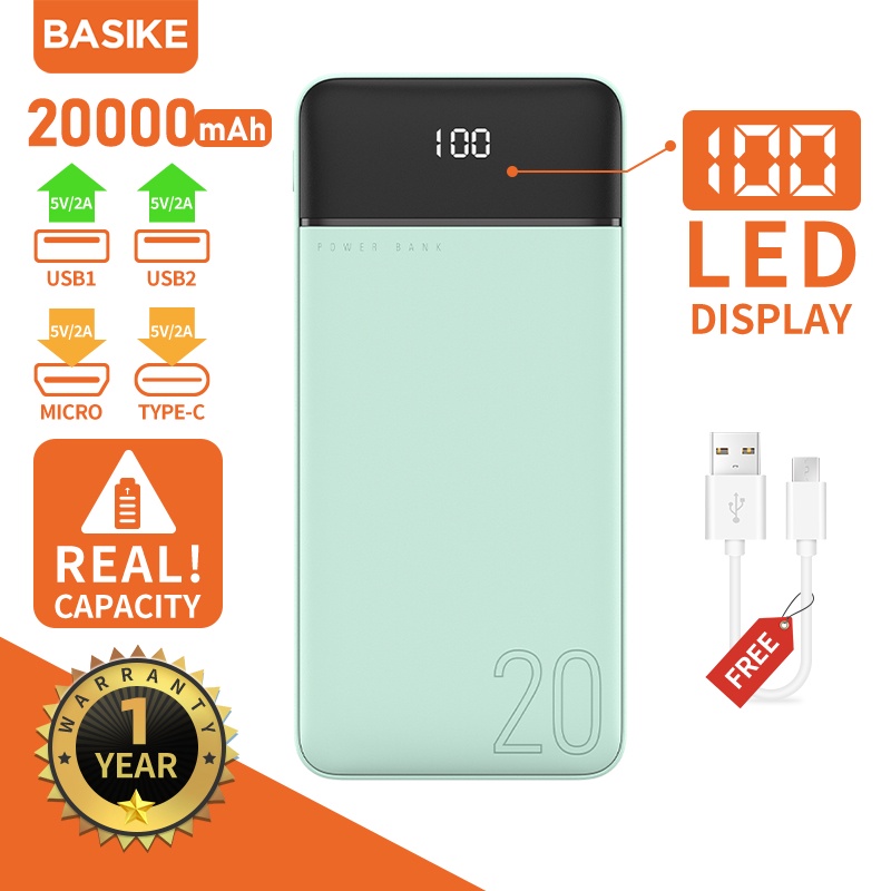 Sạc Dự Phòng 20000mAh 10000mAh BASIKE Power Bank 10W LED Hiển Thị PIN Đầu ra USB * 2 - Chính hãng- BH 12 tháng