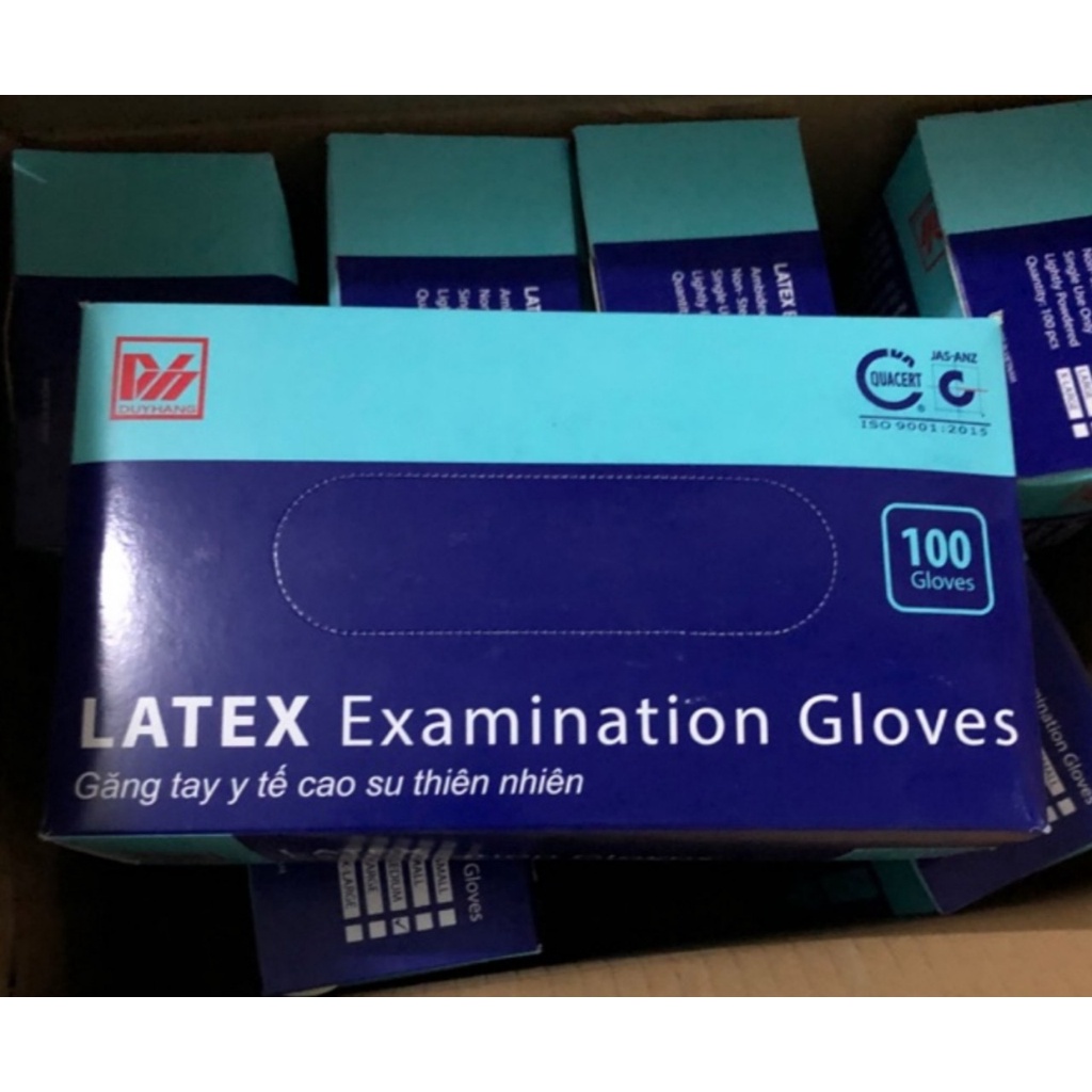 Găng tay y tế Latex có bột Duy Hàng, hộp 50 đôi = 100 cái, sản phẩm được các nhà thuốc, phòng khám nha khoa...tin dùng