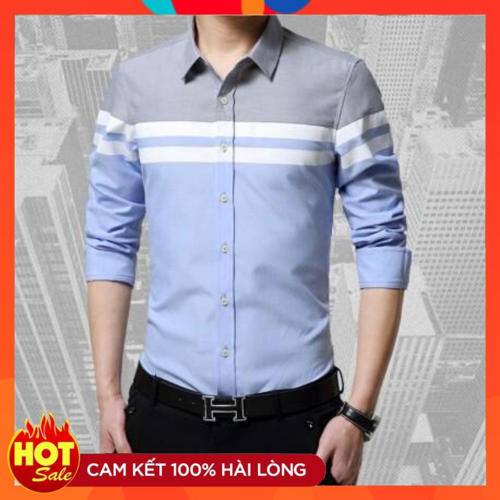 Áo Sơ Mi Nam Dài Tay Màu Xám Xanh Phối Hai Viền Ngang Ngực 💖Freeship💖 Thời Trang Cao Cấp Mixupshop Chất Vải Mềm Mại