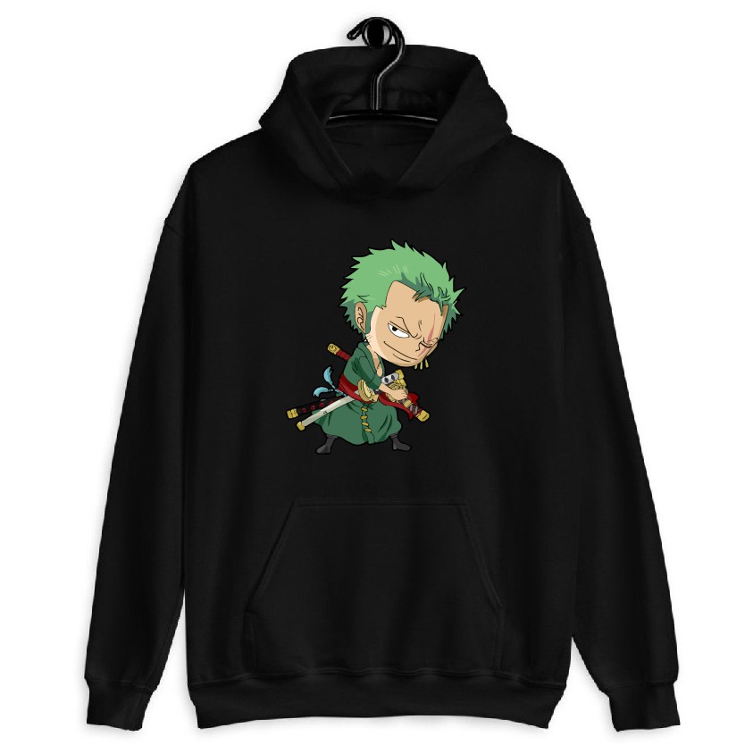 Áo nỉ hoodie thu đông one piece zoro form suông rộng có mũ unisex cho nam nữ, màu trắng, đen, xanh