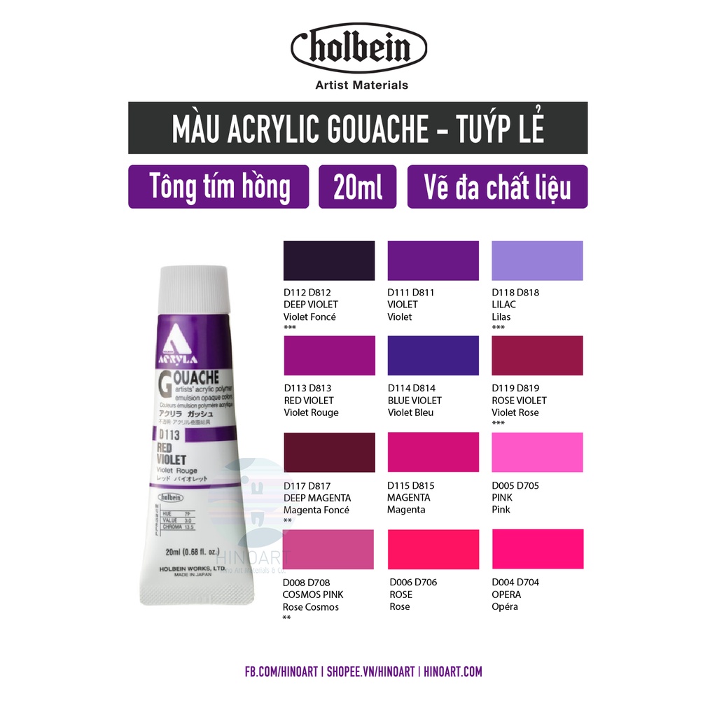 Màu vẽ Acrylic Gouache Holbein tuýp 20ml