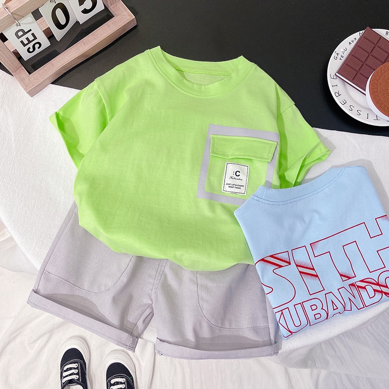Set Áo Thun Tay Ngắn Cổ Tròn Phối Quần Short Vải Cotton In Chữ Thời Trang Hè Xinh Xắn Cho Bé Size 80-120cm