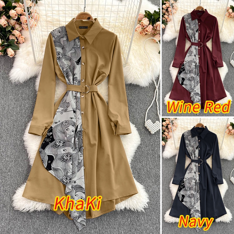 Đầm maxi ZANZEA dáng rộng tay dài cổ bẻ chắp vải in họa tiết độc đáo phong cách thanh lịch cho nữ