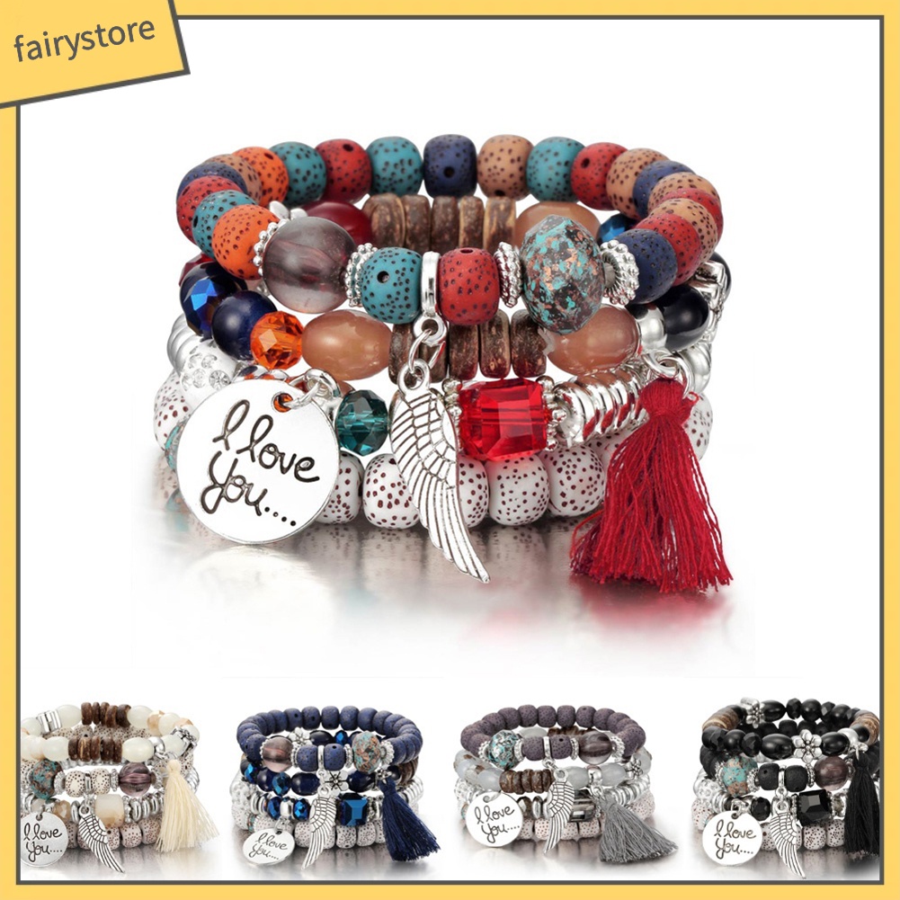 Set 4 vòng đeo tay xâu hạt phong cách Boho độc đáo và thời trang cho nữ