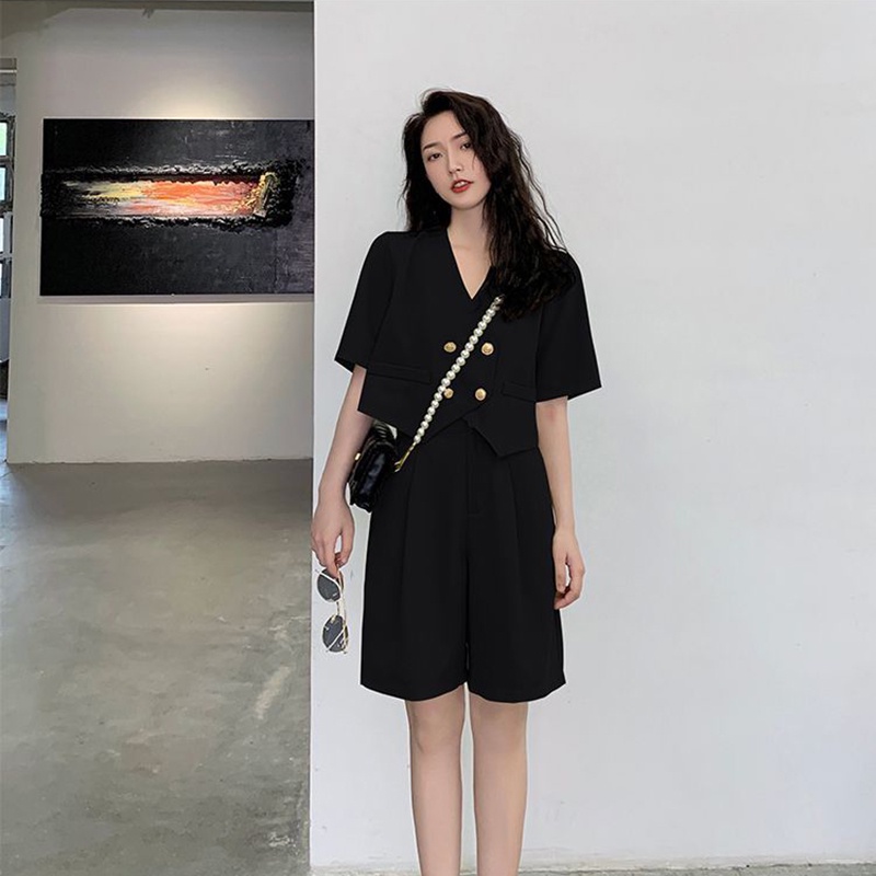 IELGY Bộ Áo Khoác Tay Ngắn + Quần Dài Eo Cao Ống Rộng Thời Trang Cho Nữ