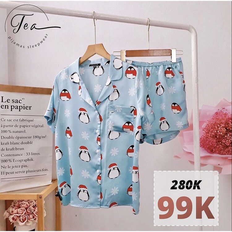 Bộ Mặc Nhà Pyjama Lụa Cộc Tea Store Họa Tiết Thỏ Đáng Yêu