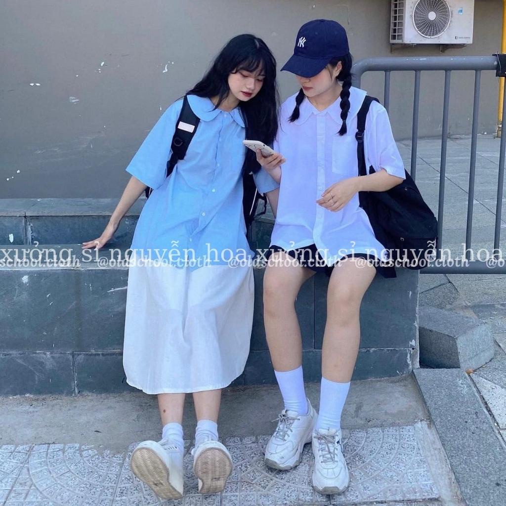 Áo sơ mi nữ cổ sen thái form rộng tay lỡ vải thô đẹp 2 màu trắng xanh style thái lan siêu hot hit Xưởng Sỉ Nguyễn Hoa