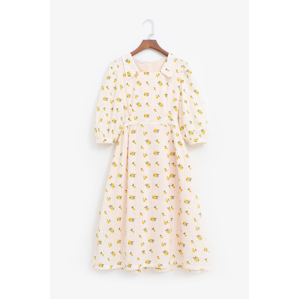 Váy cổ vuông floral hoa vàng mùa thu MADELEN