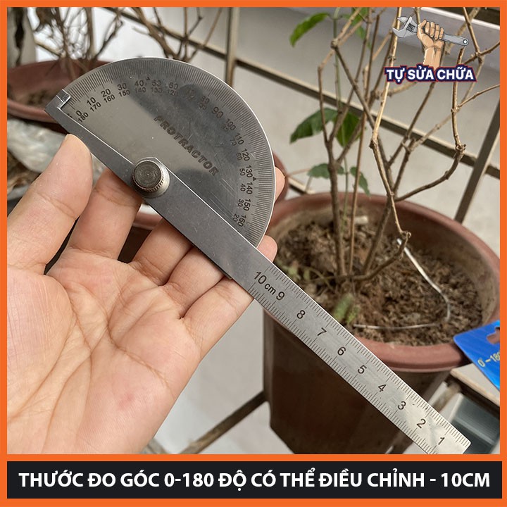 Thước đo góc 0-180 độ có thể điều chỉnh - 10cm, Thước Đo Góc Bằng Thép Không Gỉ 180 Độ Quay Đ