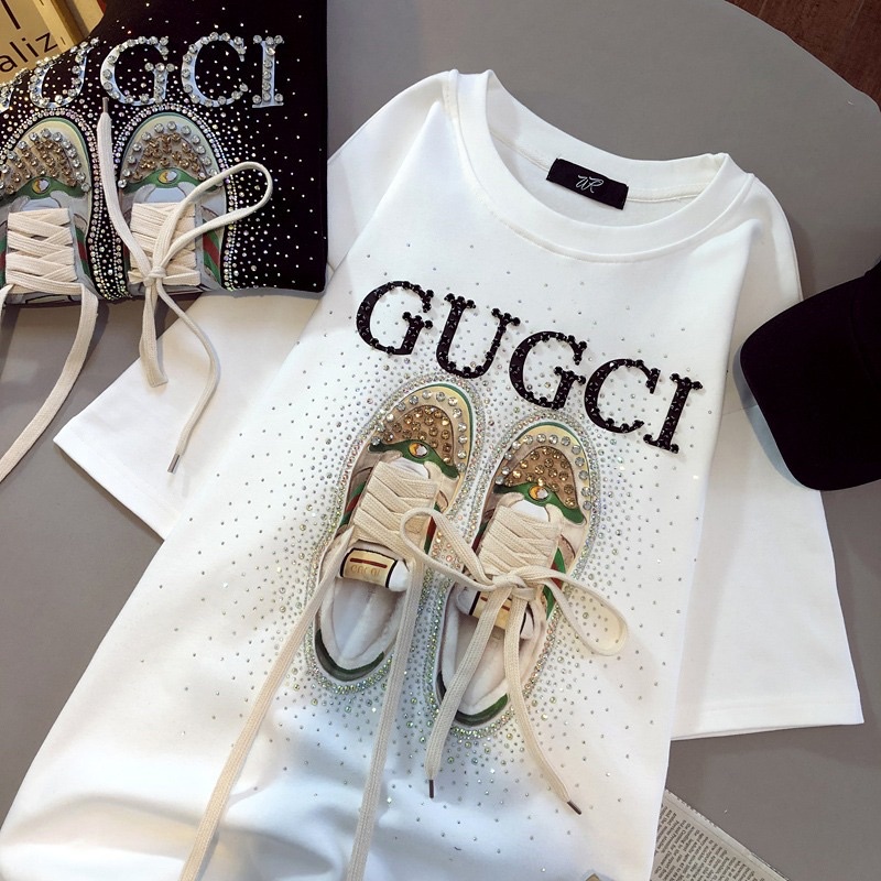 Áo phông nữ hình đôi giày gu xì siêu hot áo thun thêu giày buộc dây CG hình nổi AN3 hàng loại 1 đẹp nhất