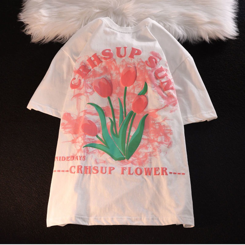 2721624Áo Thun Tay Ngắn Dáng Rộng In Hình Hoa Tulip Dễ Thương Thời Trang Mùa Hè Cho Nữ