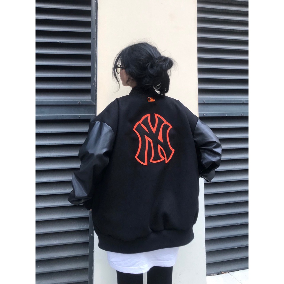 Áo khoác bomber N.Y M.L.B dạ phối tay da dày dặn, Áo varsity jacket dạ phối tay da 2 lớp dày dặn