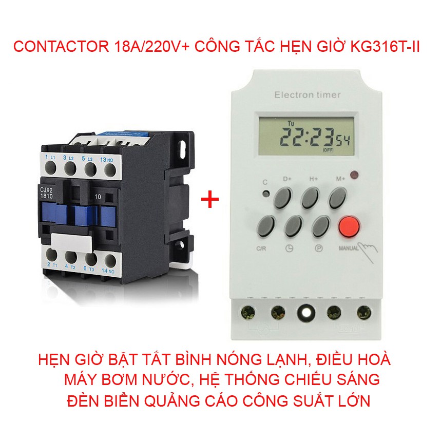 Công tắc hẹn giờ KG316 TII + contactor 18A/220v,hẹn giờ công suất cao
