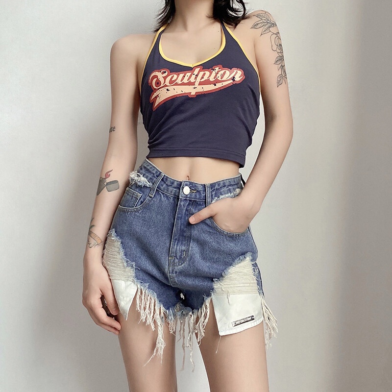 Kliou 2022 Mới vào mùa hè Quần short denim Kliou lưng cao phong cách retro đường phố thời trang mùa hè cho nữ