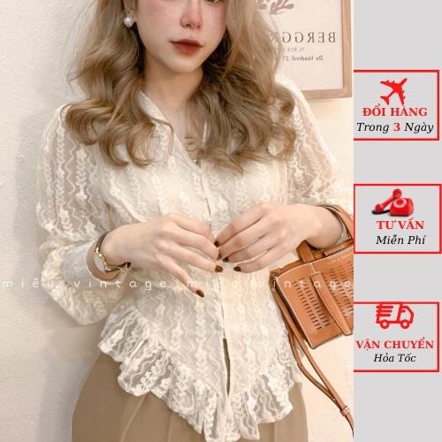 Áo sơ mi ren vạt nữ viền bèo vintage tay bồng tiểu thư bánh bèo ulzzang Hàn Quốc