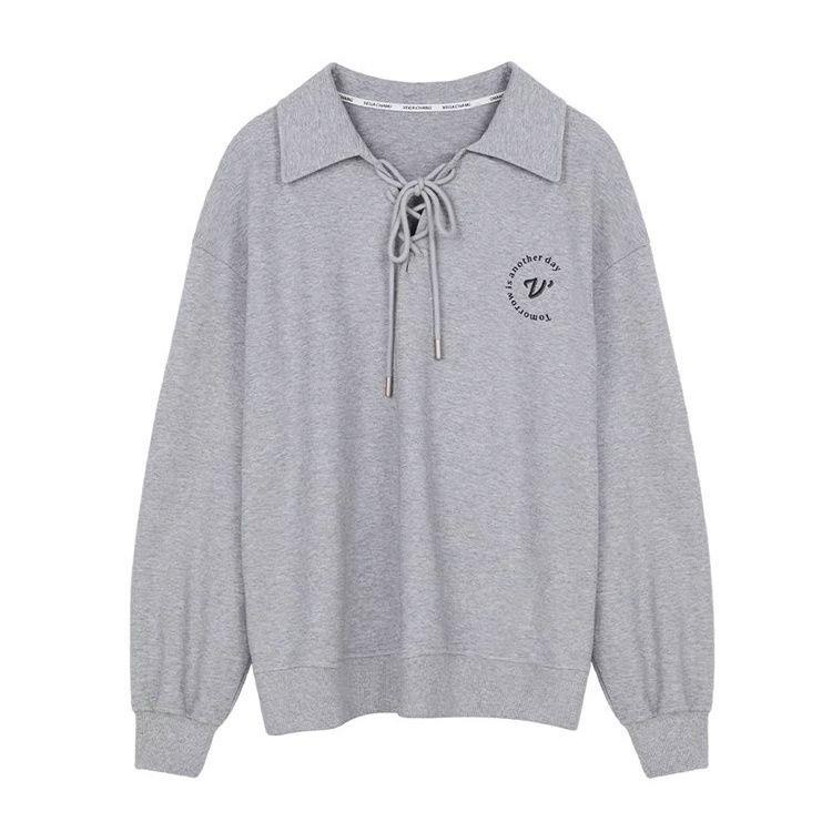 Áo sweater tay dài cổ polo cột dây dáng rộng in chữ thời trang mùa thu 2022
