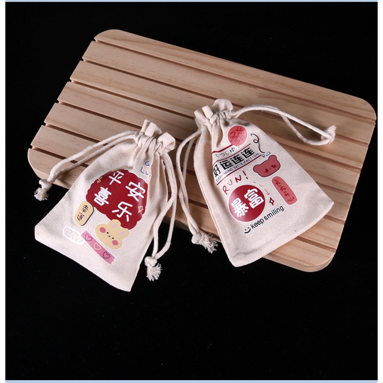 Túi vải canvas dây rút 10x14cm in hình dễ thương đựng quà, làm quà tặng, đựng trang sức, mỹ phẩm, băng vệ sinh