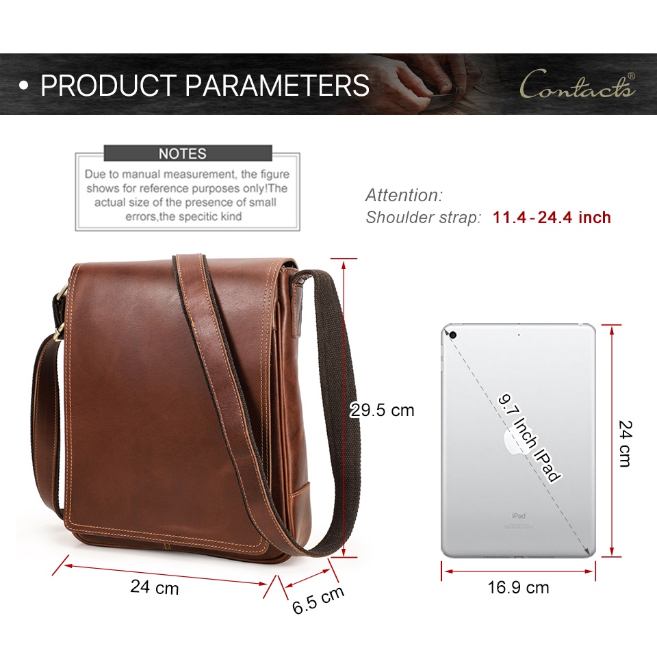 CONTACT'S Túi Da Bò Đeo Chéo Phong Cách vintage Thời Trang Cho Nam, Kích Thước 9.7 inch