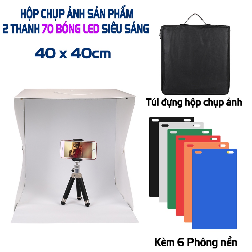 Hộp chụp ảnh sản phẩm 40cm x 40cm - Tích hợp 2 dây đèn Led 70 bóng kèm 6 màu phông nền -dc4827