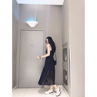Đầm maxi dáng dài bo eo voan đen