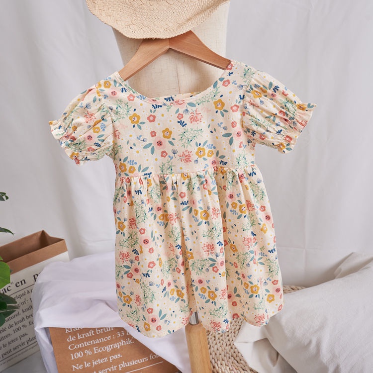 Đầm Công Chúa Tay Ngắn Bằng Vải bông In Hoa Cho Bé Gái 1-8 Tuổi