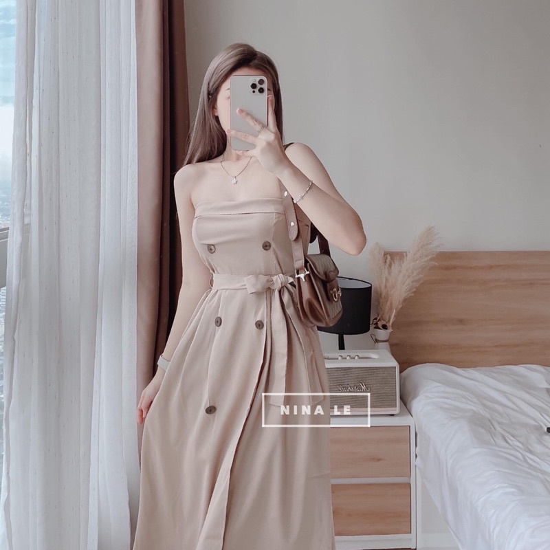Đầm maxi phối nút cột eo