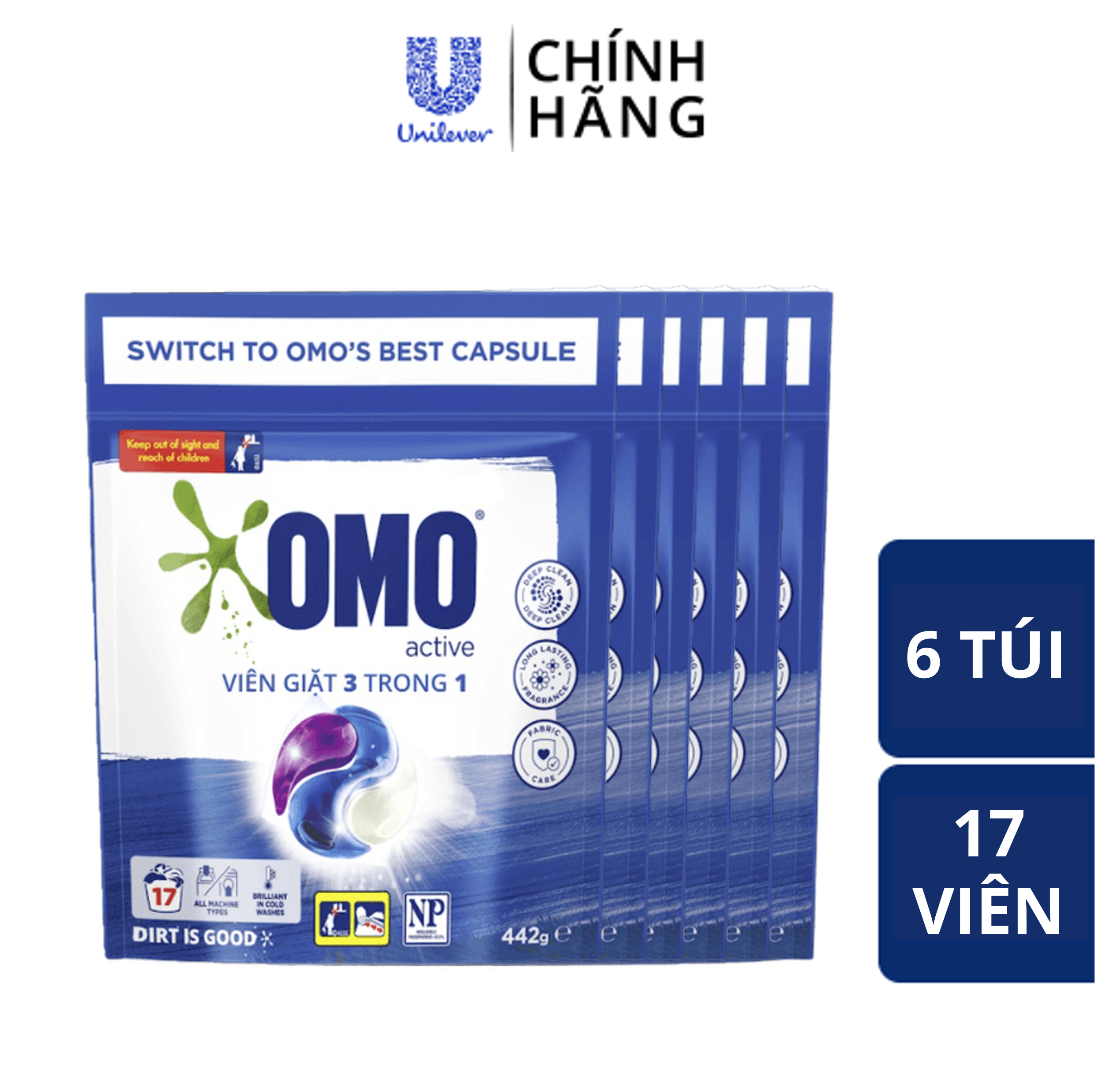 Combo 6 Túi Viên Giặt Tiện Lợi OMO Công Nghệ Anh Quốc - Bền Màu (17 Viên/Túi)