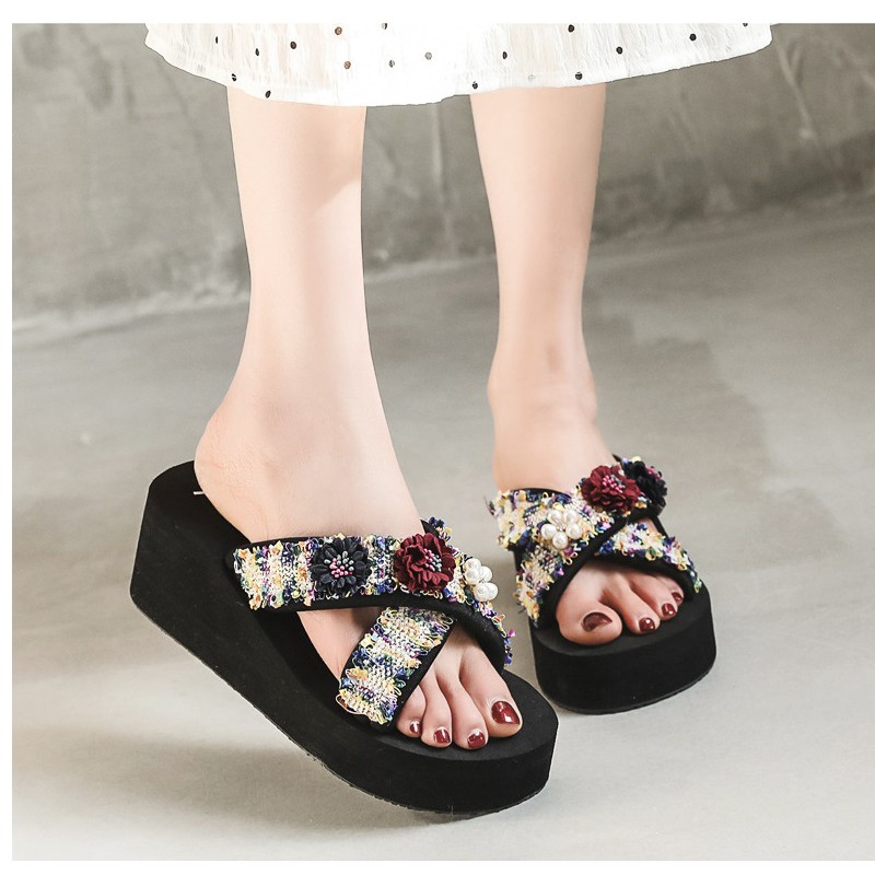 (SẴN HÀNG) Dép Nữ Đế Xuồng Cao Quai Chéo Đính Hoa/ Sandal Thời Trang 6Cm 3CM