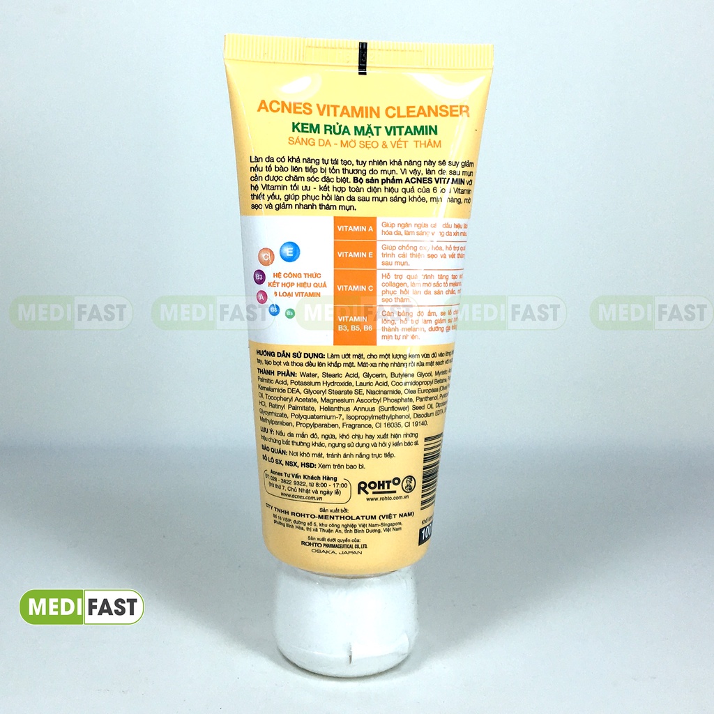 Sữa rửa mặt Vitamin - Acnes Vitamin Cleanser 100g - Giúp sáng da, mờ sẹo, mờ vết thâm - Kem rửa mặt trắng da