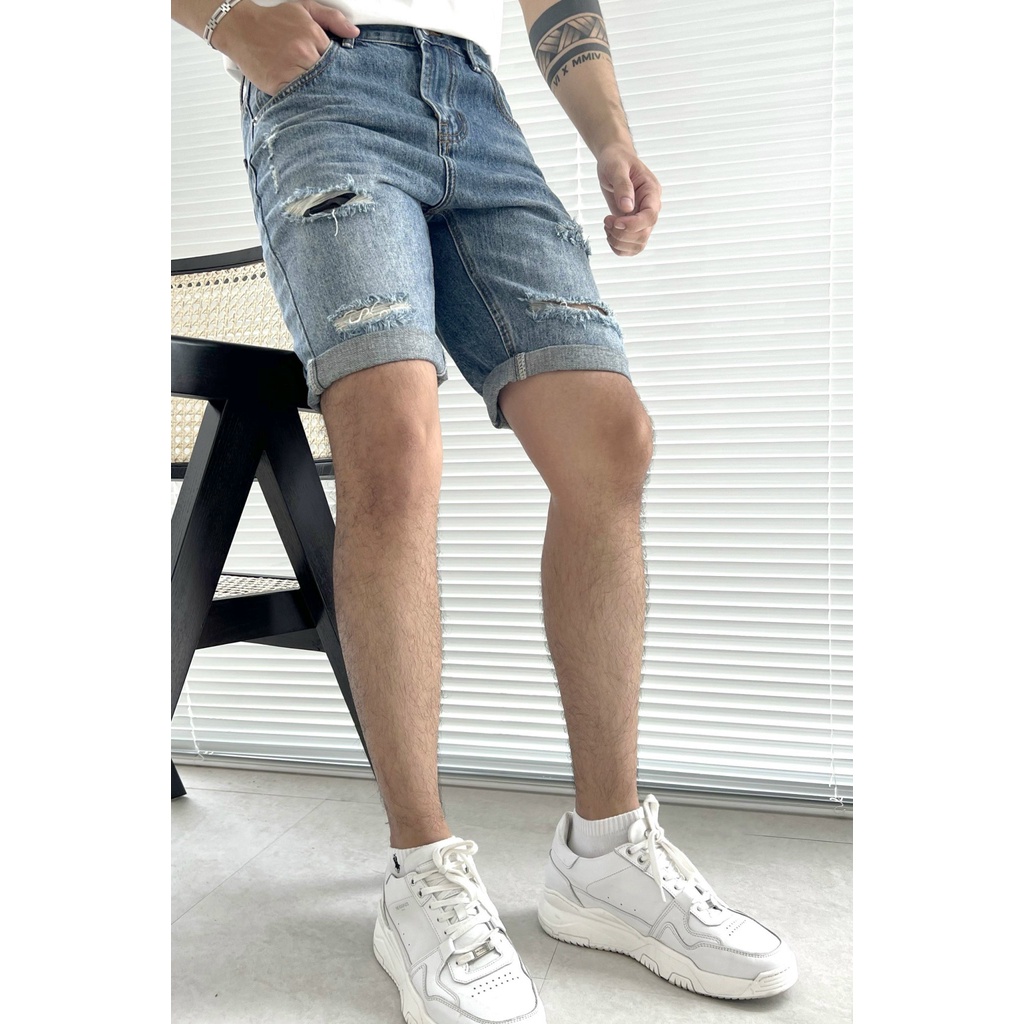 Quần Short Jean Americus Gosani Wash Rách Màu Xanh