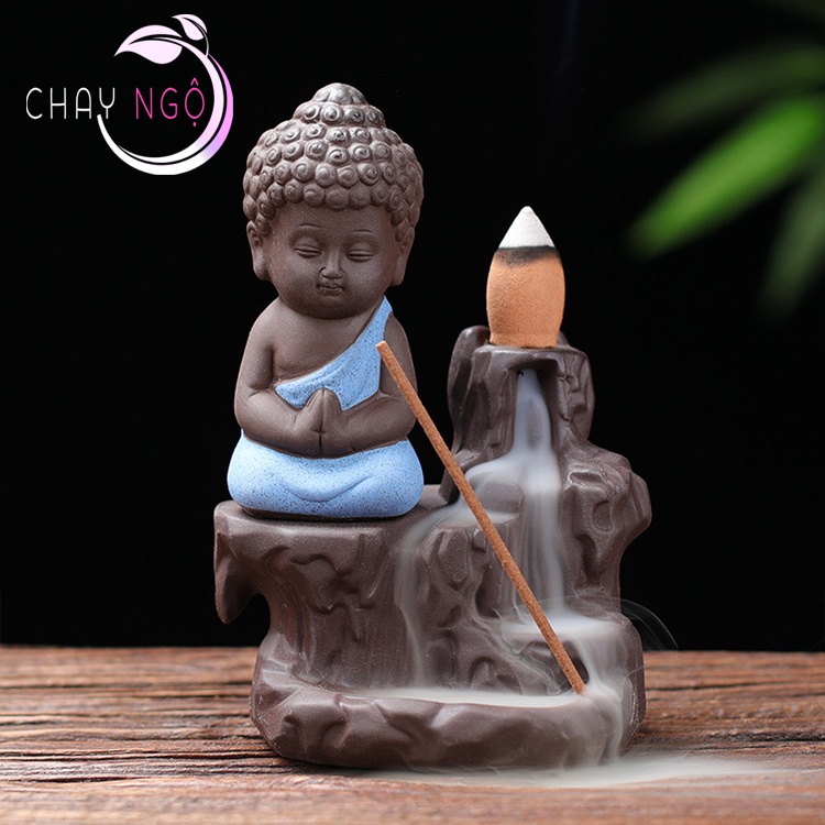 Thác Khói Trầm Hương Gốm Cao Cấp Phật Tọa Bên Suối - Thác đốt Trầm Hương tỏa ngược - Xanh dương (da trời)