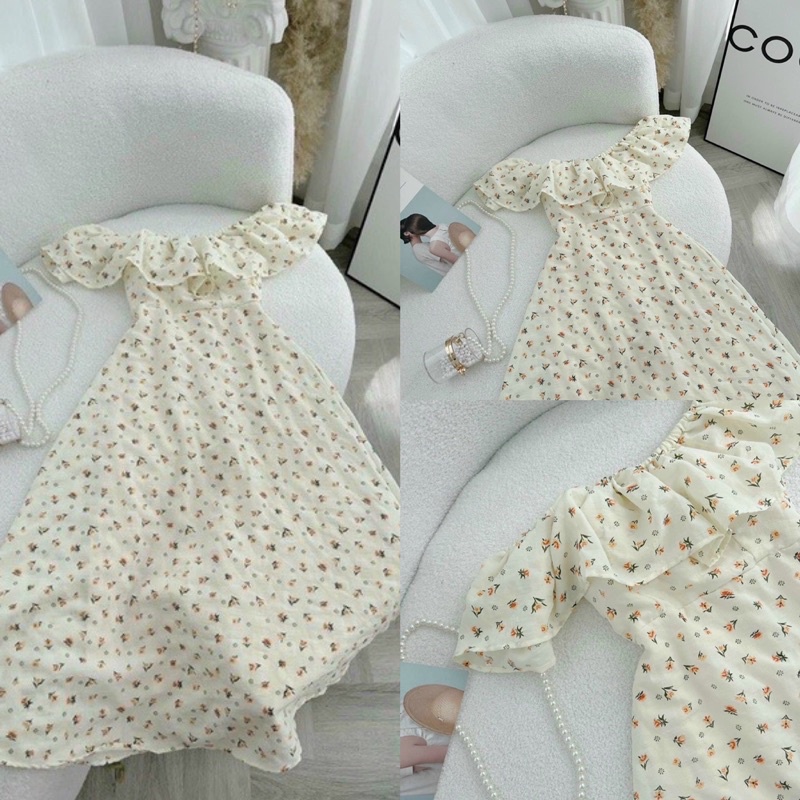 Đầm maxi midi dáng dài trễ vai bẹt vai hoa nhí