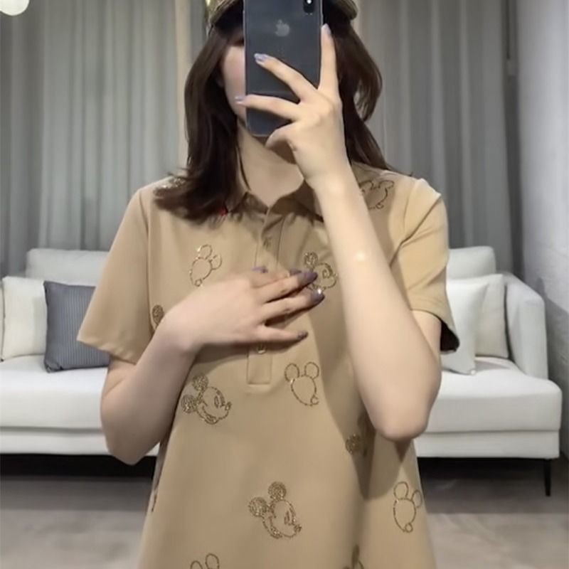 ∋Loose plus size hot rhinestone váy ngắn tay POLO nữ 2020 mùa hè mới chữ A dài trung và mỏng | BigBuy360 - bigbuy360.vn