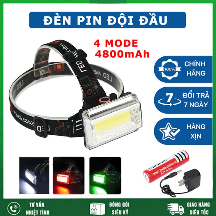 Đèn pin đội đầu 1 bóng sáng tỏa 4 chế độ, đèn đeo trán pin sạc 18650 dung lượng 4800mAh COB LED bền bỉ