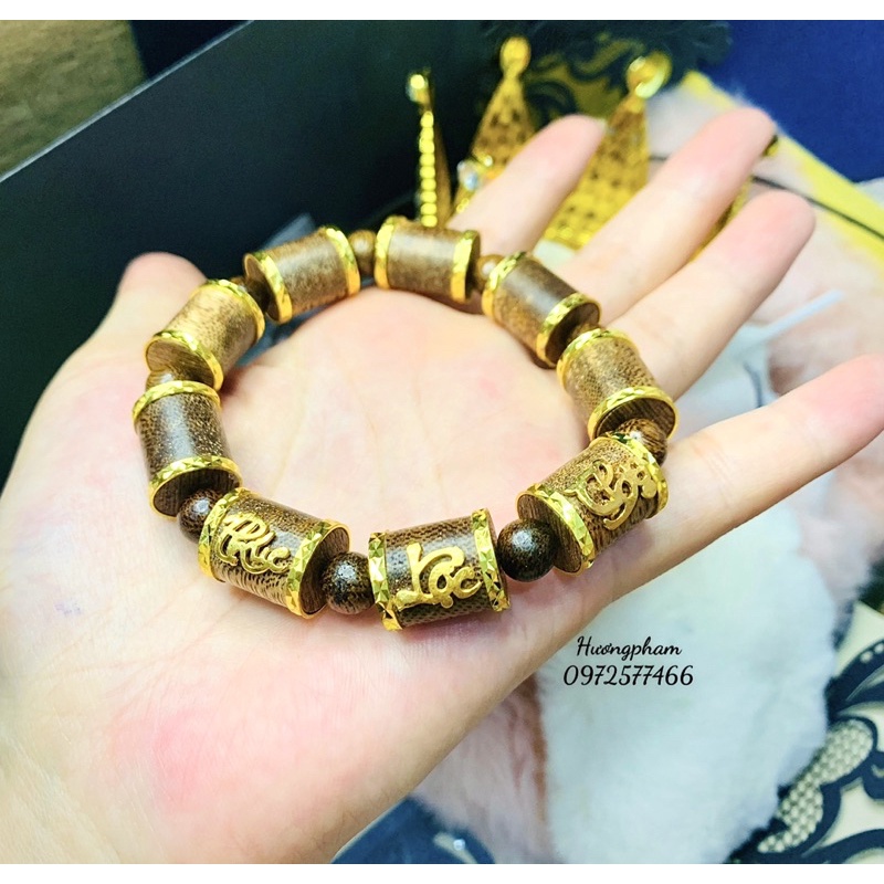 Vòng Tay Trầm Hương 10/12mm Tự Nhiên Đốt Trúc Cao Cấp Bọc Vàng PHÚC LỘC THỌ