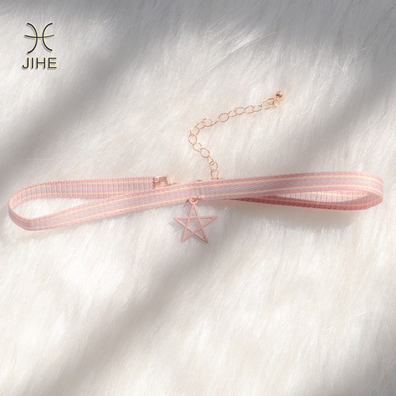 【JIHE】Vòng Cổ Choker Mặt Ngôi Sao Kẻ Sọc Màu Sắc Thời Trang