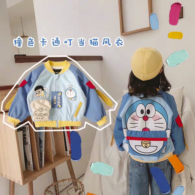 Áo khoác vải denim mỏng in hình Doraemon thời trang cho bé trai