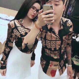 Sơ mi cặp nam nữ chất lụa phối hoạ tiết lá bài cực chất a61