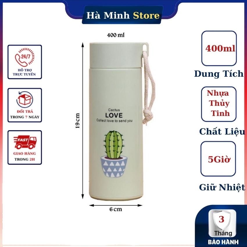 Bình Giữ Nhiệt Lúa Mạch 450ml Họa Tiết Xương Rồng, Lõi Thủy Tinh Bọc Nhữa, Giữ Nhiệt Lên Đến 5 Giờ - Gia Dụng Hà Minh