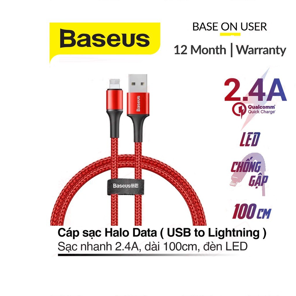 Cáp sạc nhanh 2.4A Baseus Halo Data chân dây dù siêu bền tích hợp đèn Led thông minh dài 1M cho ip/tablet táo