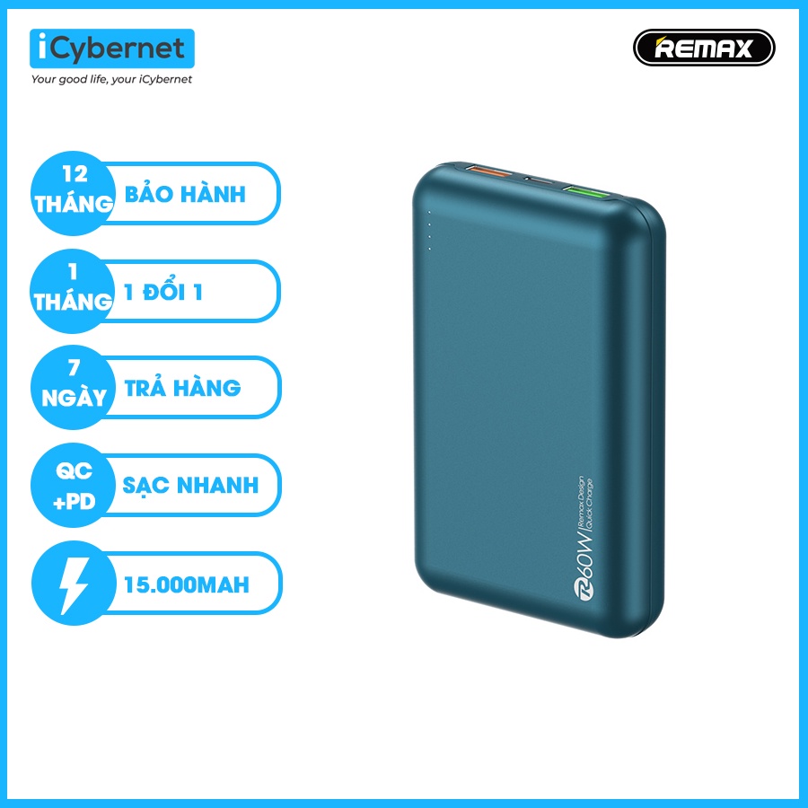 Sạc dự phòng 15000mAh PD 60W 3 cổng hàng chình hãng REMAX RPP-215 ICYBERNET