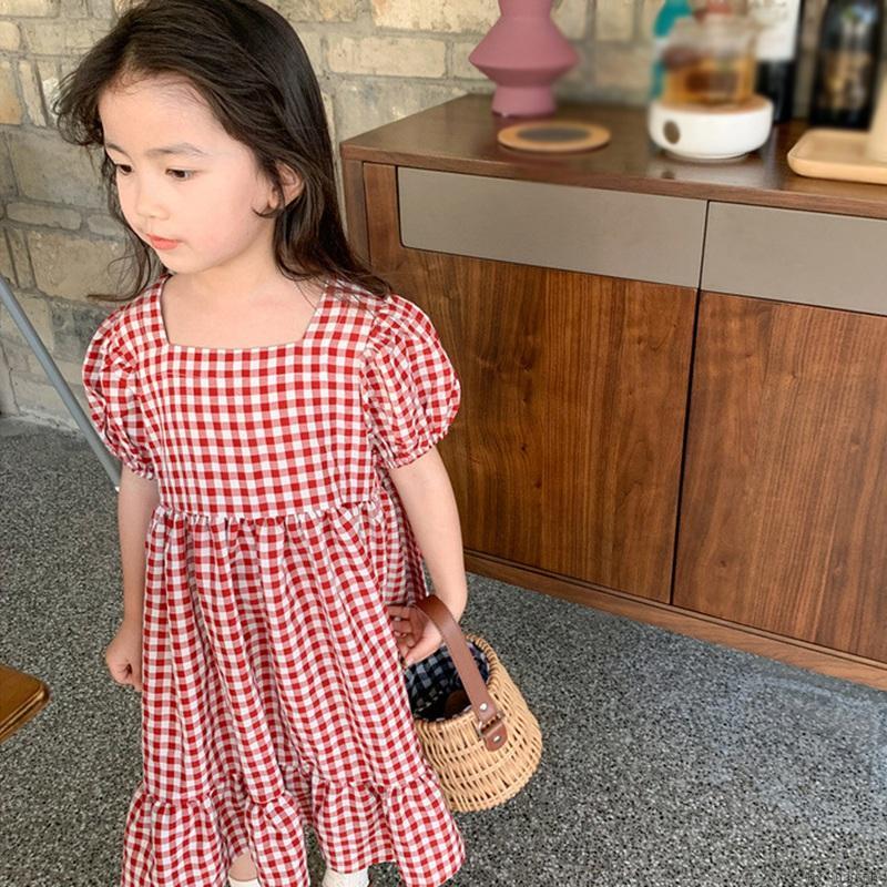 Đầm công chúa tay ngắn kẻ sọc caro xinh xắn cho bé gái