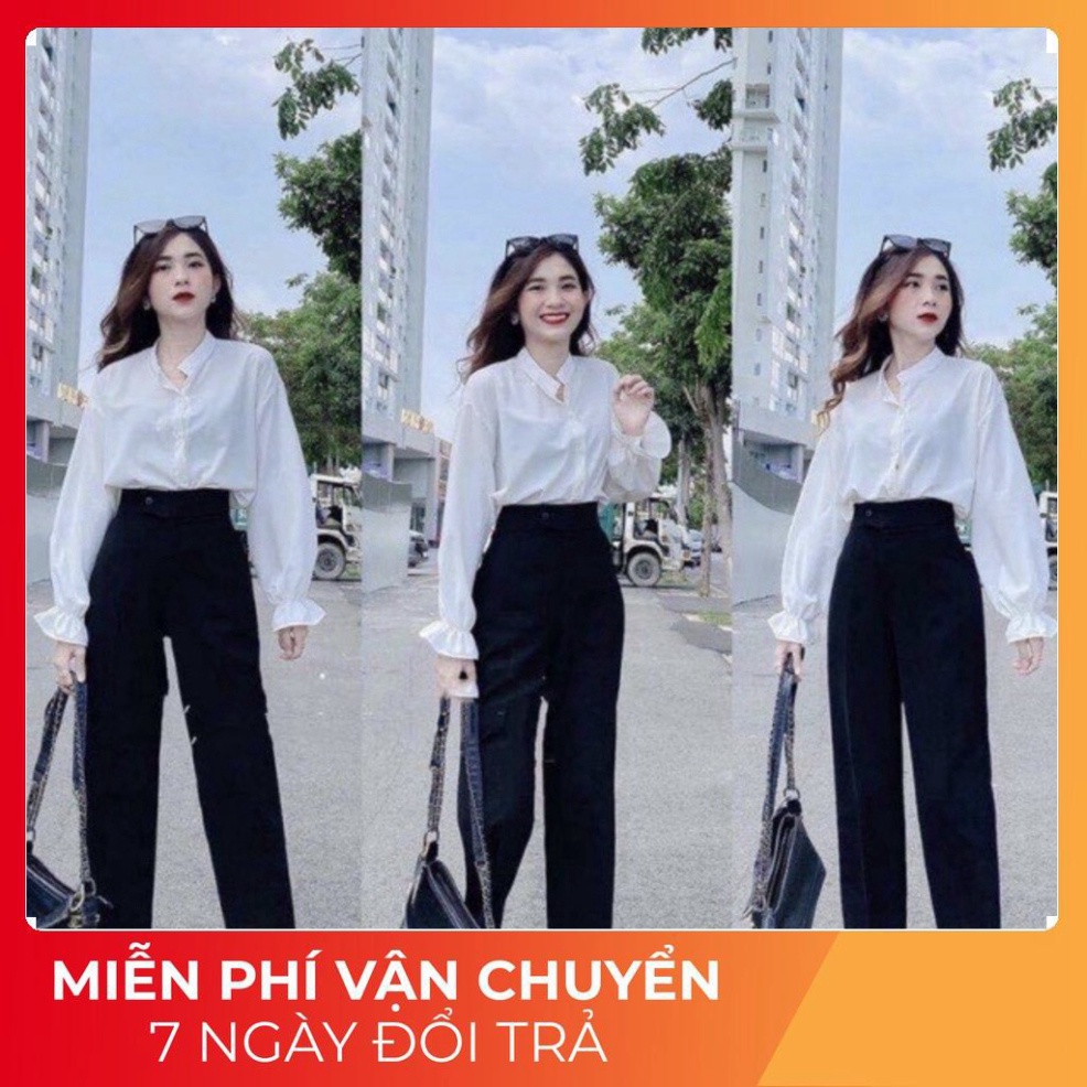 Quần baggy nữ học sinh cúc lệch đen dài form rộng, giá rẻ chất lượng