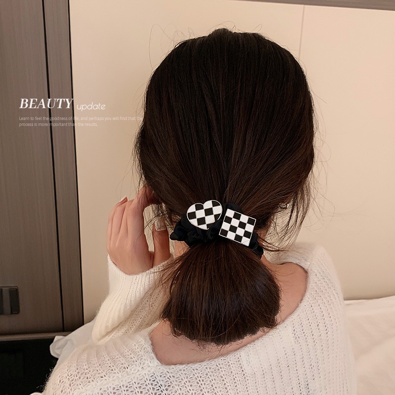 Dây cột tóc 17KM mặt hình vuông/trí tim hoạ tiết kẻ sọc đen đơn giản phụ kiện tóc xinh xắn cho nữ