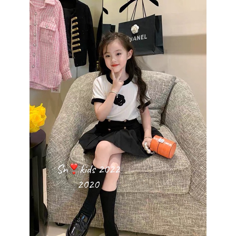Sét váy tiểu thư cho bé gái, set áo tăm đũa hoa trà đen phối chân váy xòe xếp ly ( có lớp lót) cho bé sz 10-32kg