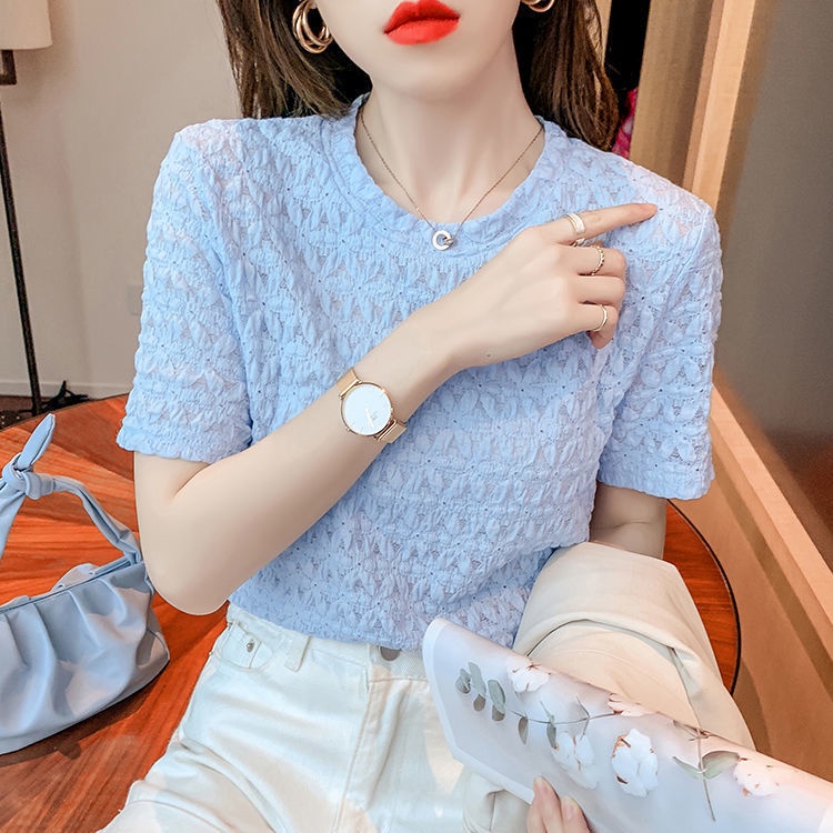 Áo Thun Trắng Tay Ngắn Dáng Rộng Phối Ren Thời Trang Mùa Hè Phong Cách Hàn Quốc Dễ Phối Đồ Cho Nữ